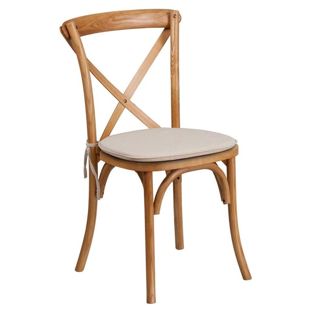 Chaise à dossier croisé empilable en chêne avec coussin