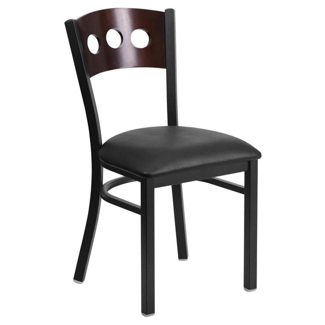 Chaise de restaurant TITAN Series en métal noir à triple dossier rond avec panneau bois noyer