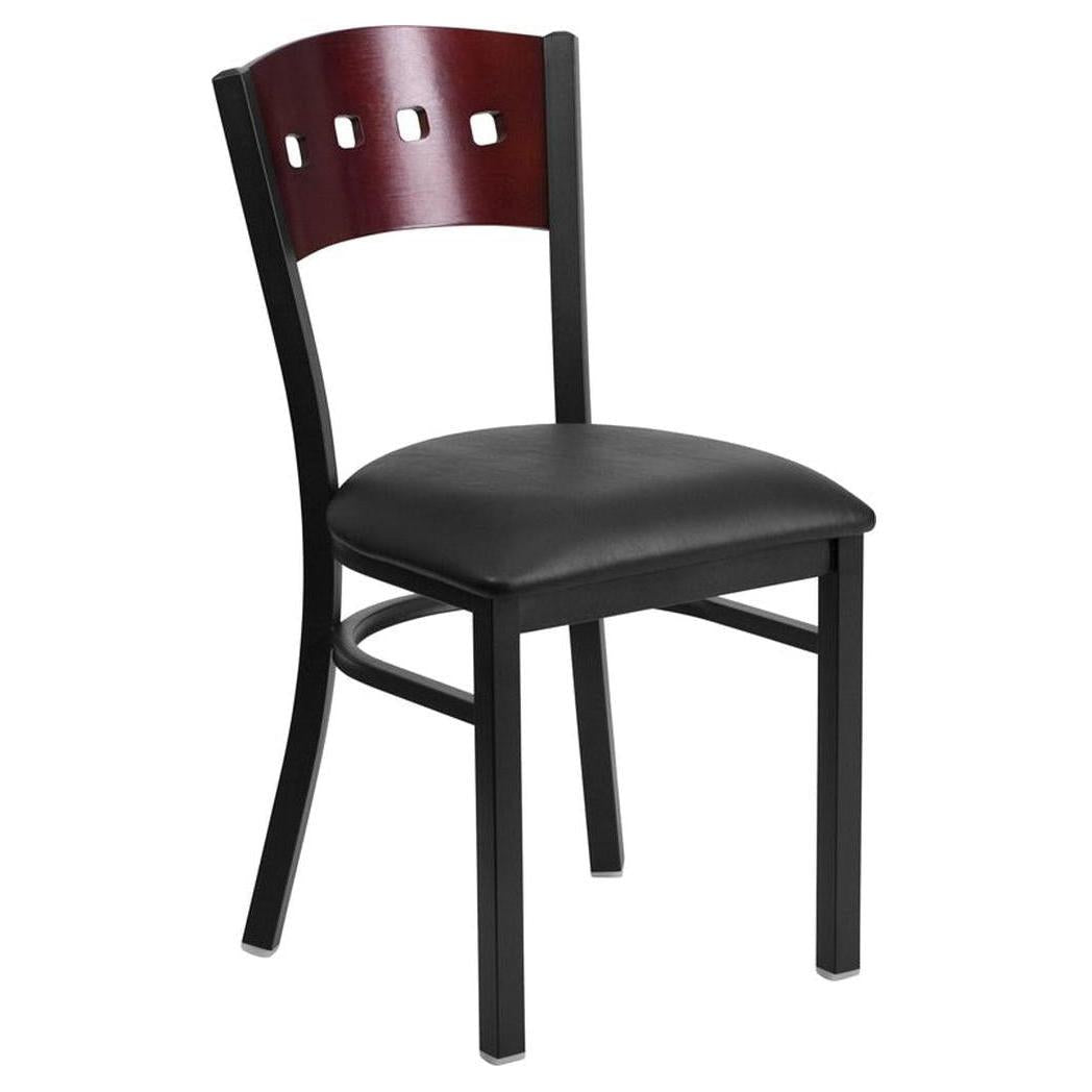 Chaise de restaurant TITAN Series en métal noir à dossier carré avec panneau bois acajou