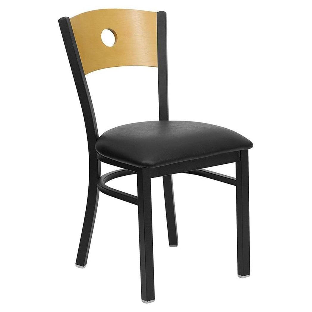 Chaise de restaurant TITAN Series en métal noir à dossier rond avec panneau bois naturel