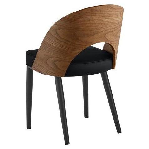 Silla de comedor interior de metal con respaldo de madera curvada y asiento de vinilo negro