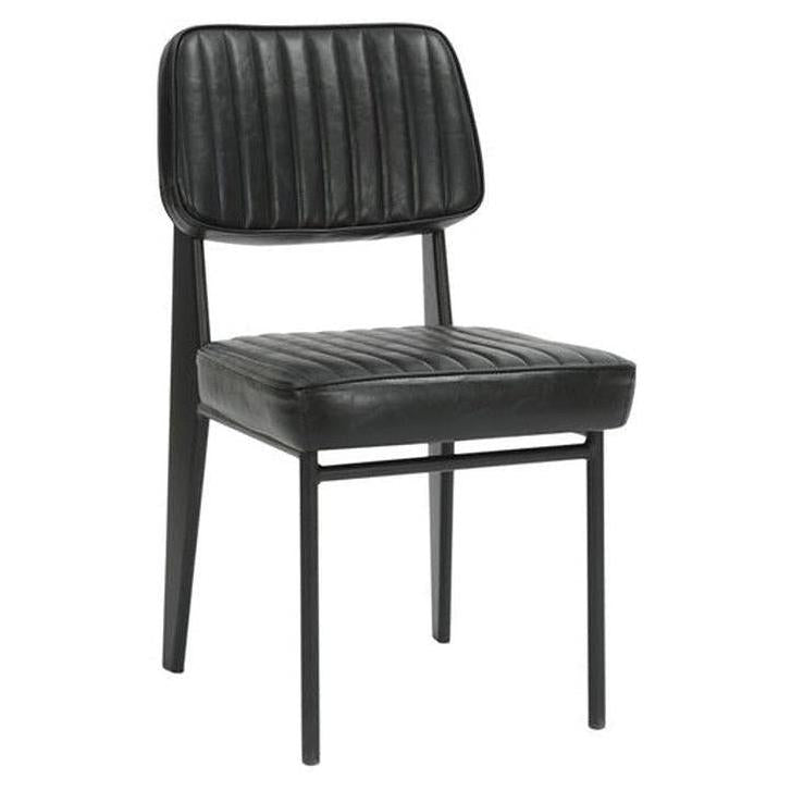 Chaise intérieure sans accoudoirs en métal noir avec assise vinyle noire à canaux