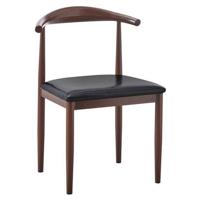 Chaise de metal con acabado de madera de nogal y asiento de vinilo negro