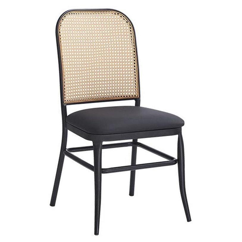 Side metal chair with padded poly woven backrest and black vinyl seat