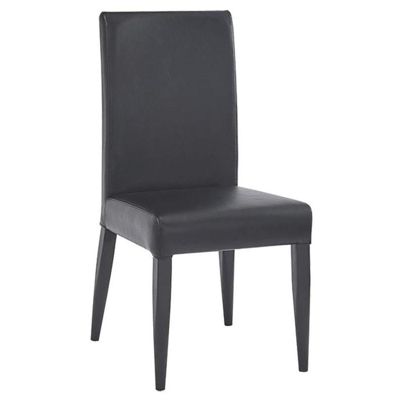 Black metal side chair with high padded backrest and button-tufted seat