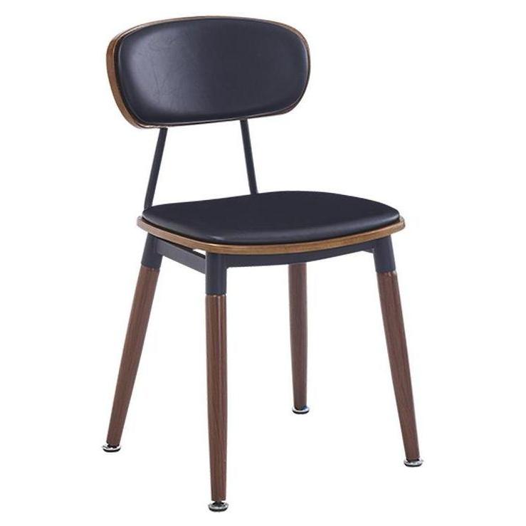 Side chair with steel frame, wood finish, and black padded oval backrest