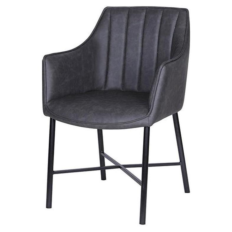 Armchair with black steel legs, dark gray vinyl seat, and quilted backrest