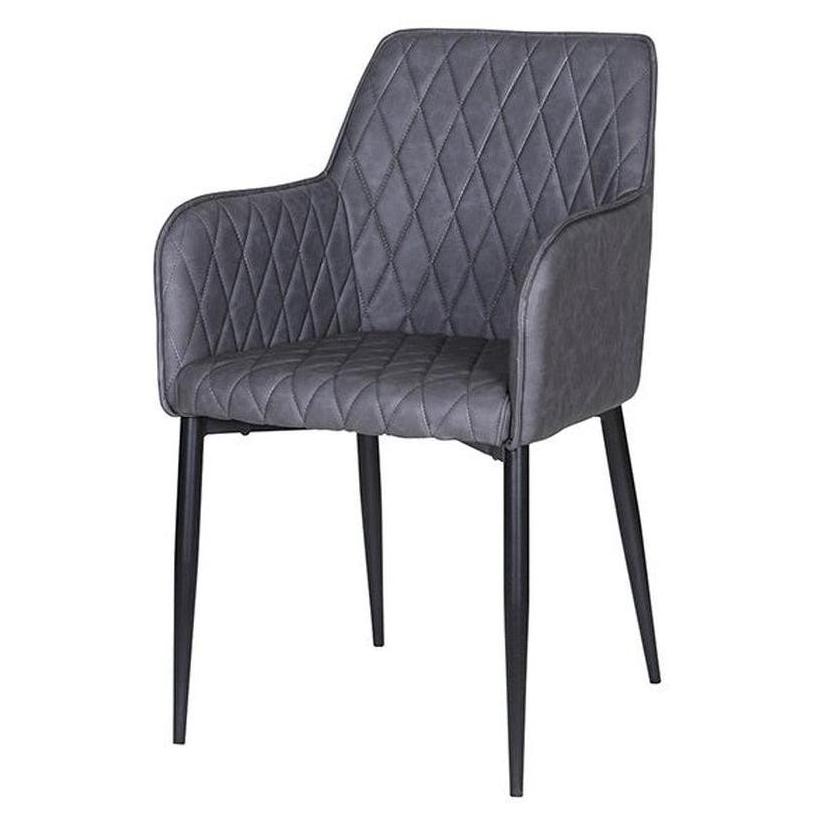 Fauteuil métal noir avec assise vinyle gris foncé à surpiqûres losange