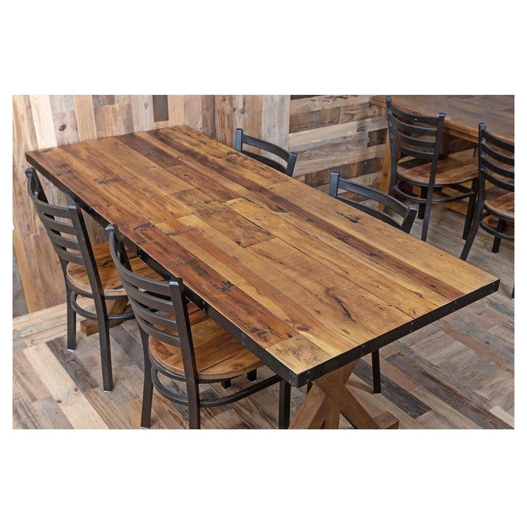 Economical table tops made of recycled wood with metal edge