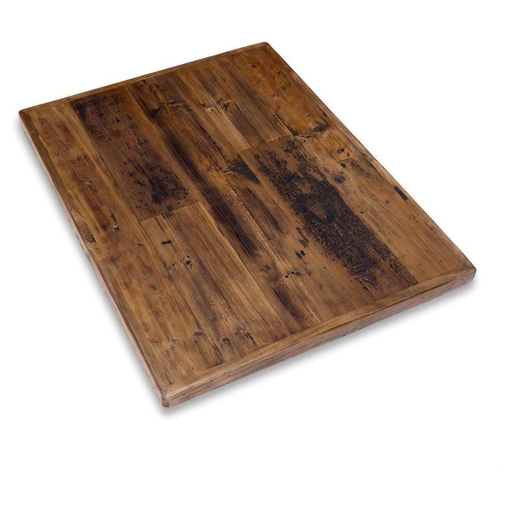 Tabletops made of recycled wood with straight slats