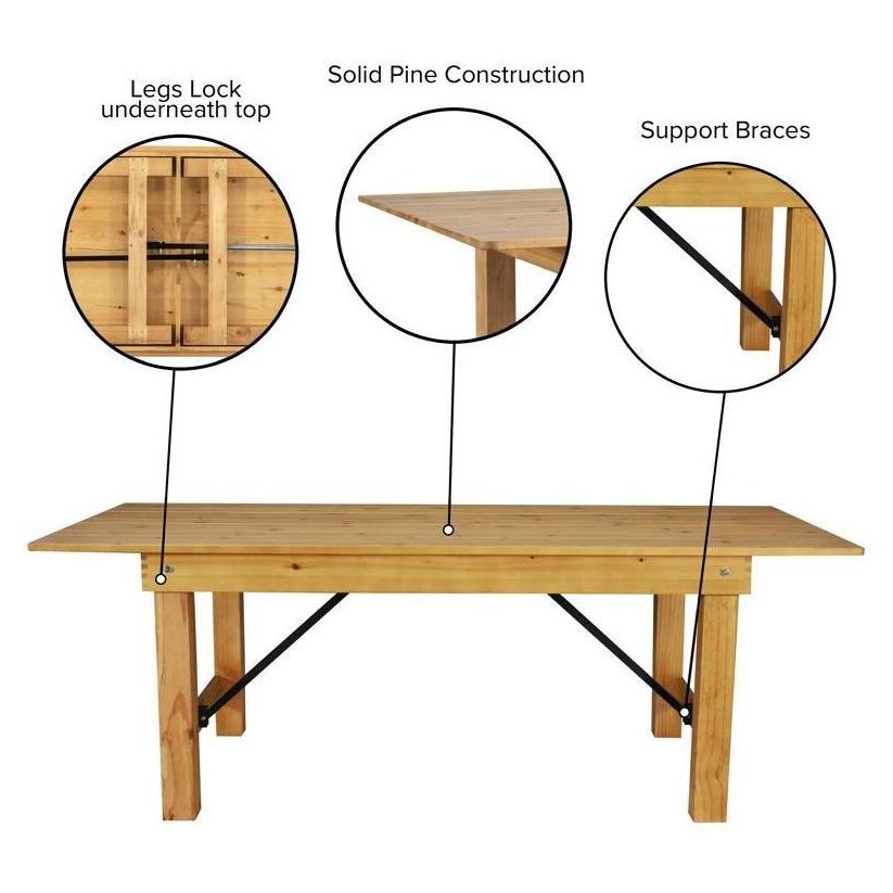 Table fermière pliante rustique en pin massif finition naturelle claire