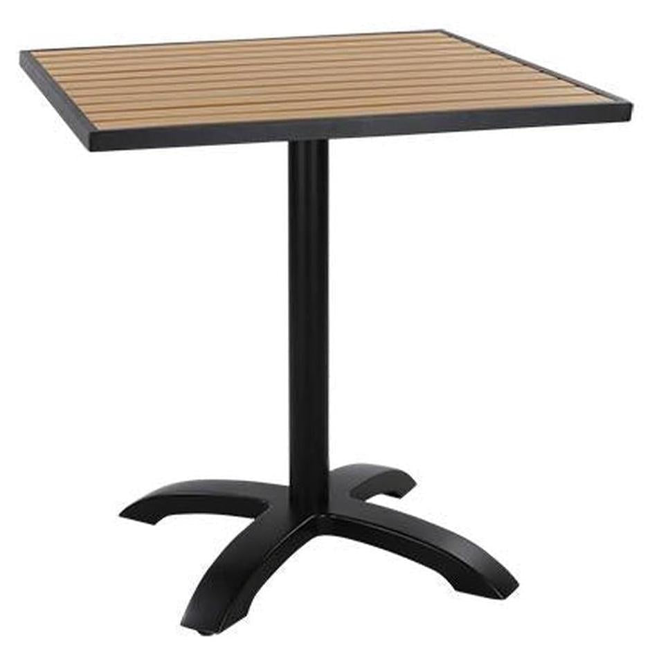 Outdoor table with teak imitation slats and black aluminum base