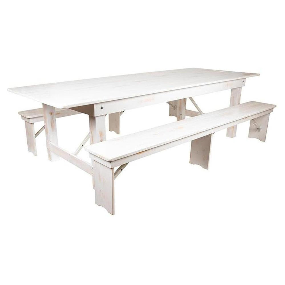 Ensemble table fermière pliante TITAN 274 x 102 cm finition rustique blanc antique avec 2 bancs
