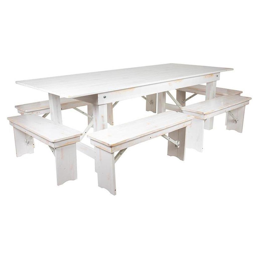 Ensemble table fermière pliante TITAN 244 x 102 cm finition rustique blanc antique avec 6 bancs