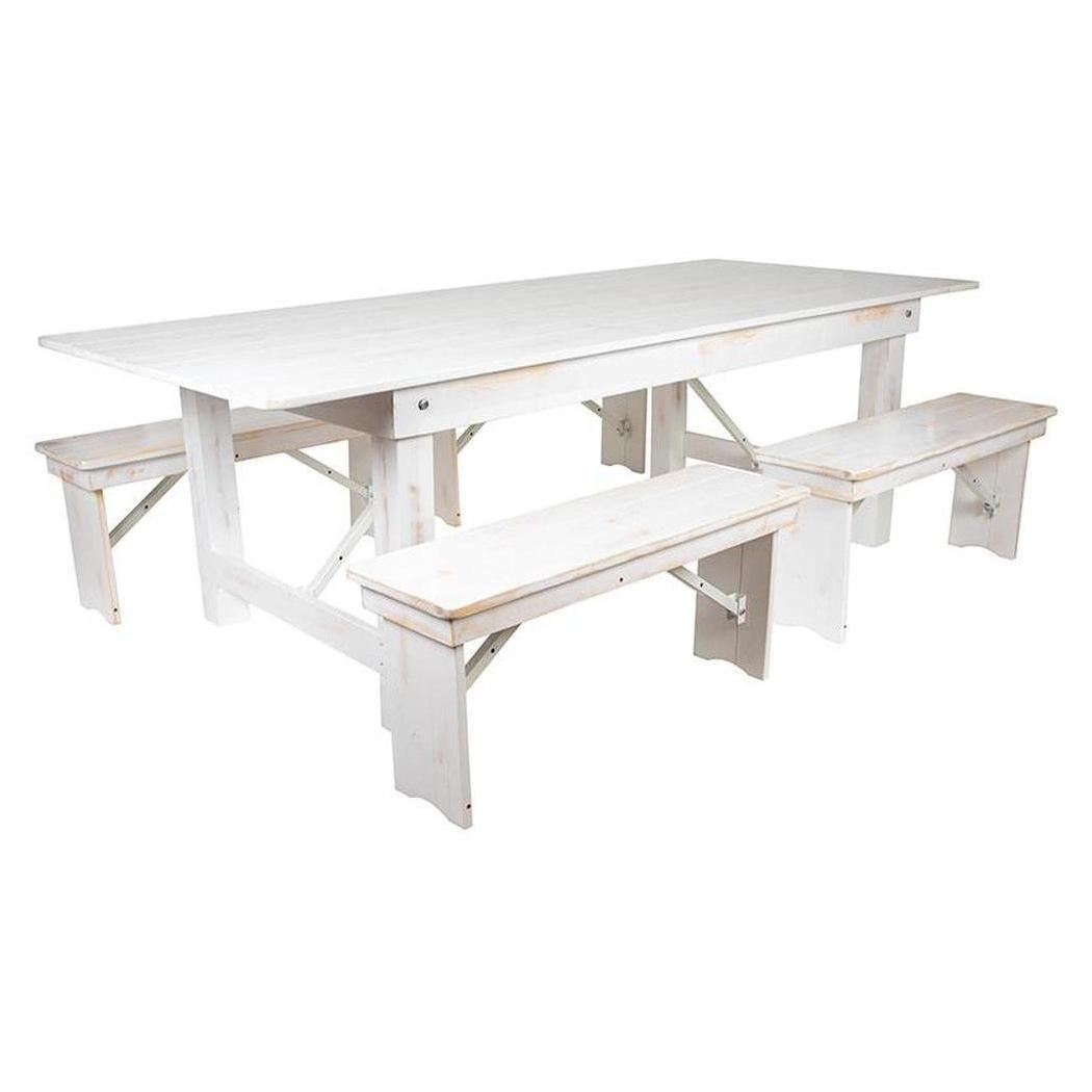 Ensemble table fermière pliante TITAN 244 x 102 cm finition rustique blanc antique avec 4 bancs de 102 cm