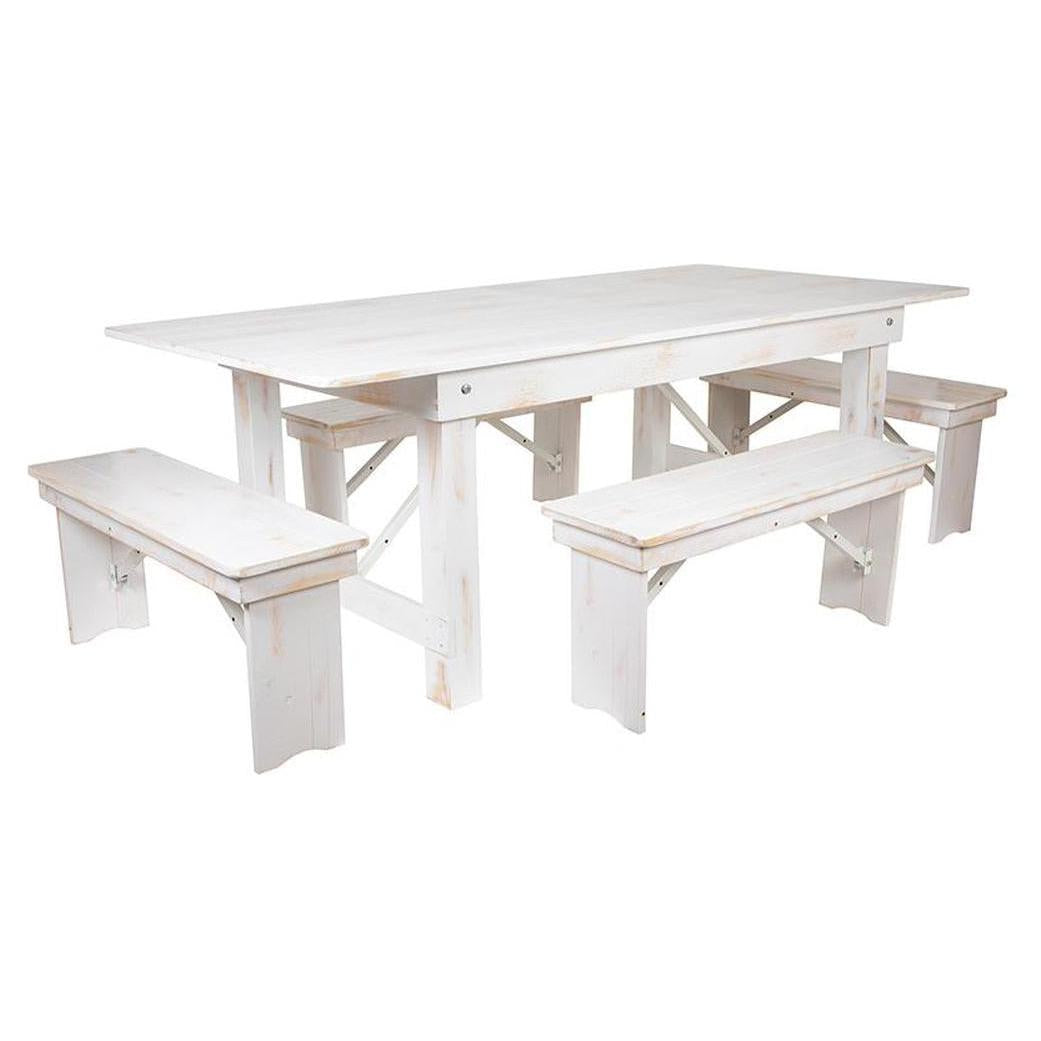 Ensemble table fermière pliante TITAN 213 x 102 cm finition rustique blanc antique avec 4 bancs