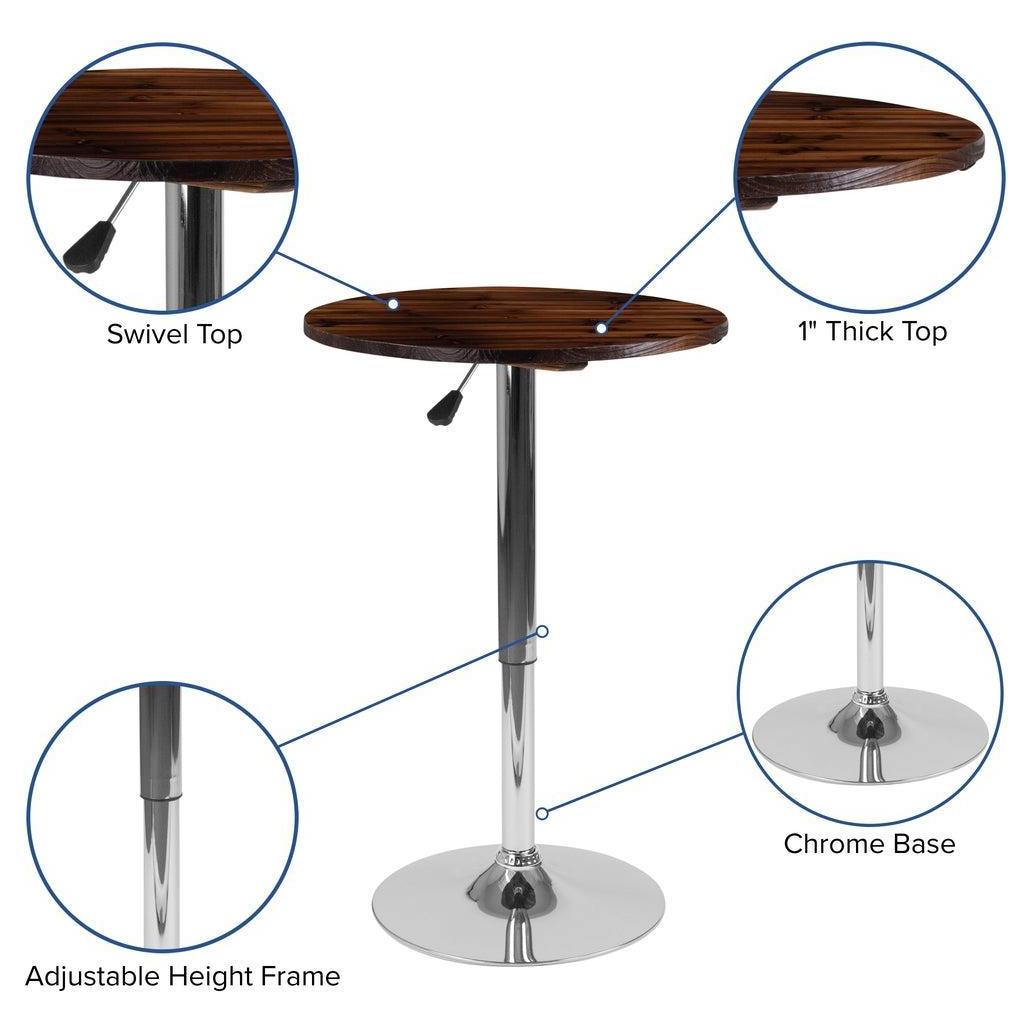 Adjustable height round rustic pine table Ø 59.7 cm (height 66.7 to 90.2 cm)