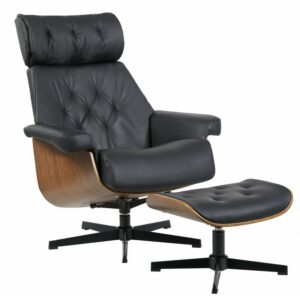 Armchair and footrest Svendborg lounge in faux leather (black) with wood and metal frame