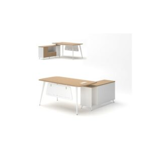 Dagmar desk with integrated side cabinet, dimensions 180 × 176.5 cm, white and oak finish