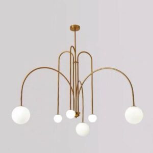 Friska metal suspension light in golden patinated finish with white lampshade