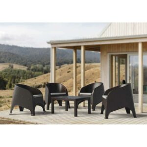 Sillón Baner apilable de polipropileno con cojín, acabado en chocolate y beige