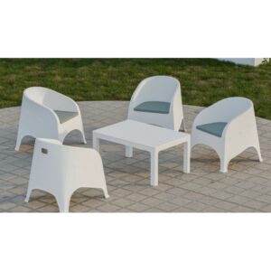 Stackable white polypropylene Baner armchair with gray cushion