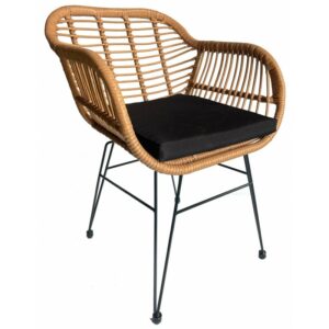 Armchair Lede in metal and beige rattan with black cushion (beige / black)