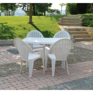 Silla Rille monobloque apilable, económica y fácil de mantener, ideal para exteriores, acabado blanco.