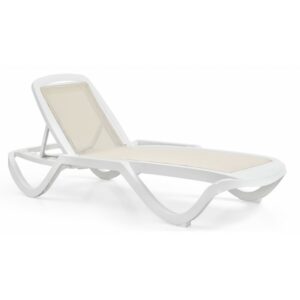 Chaise longue Grundet empilable à structure en polypropylène et toile en textilène, finition blanc et beige