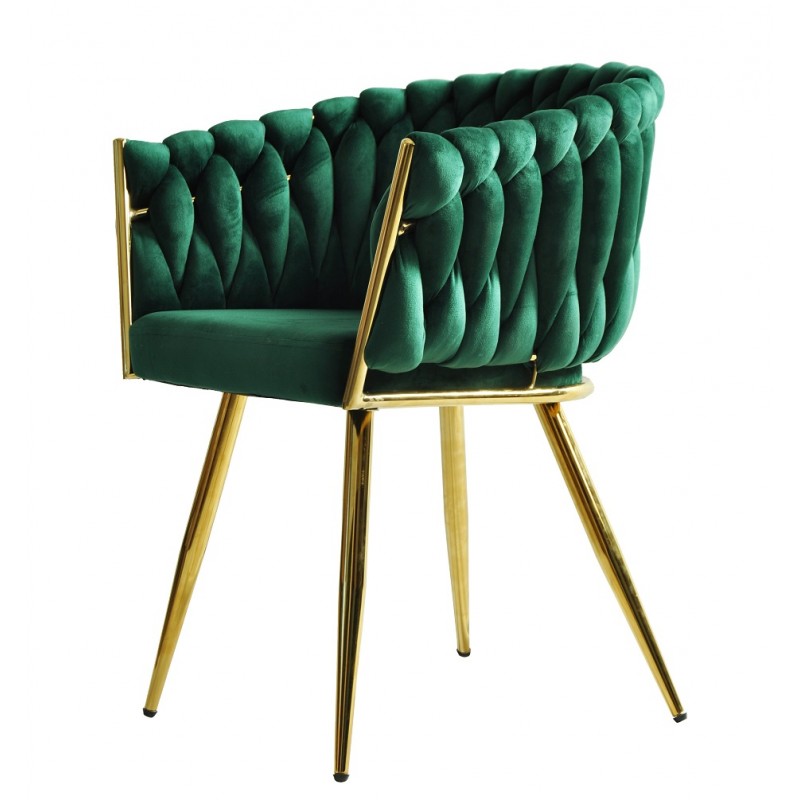 Fauteuil Stotten, structure en métal doré, revêtement en velours vert foncé