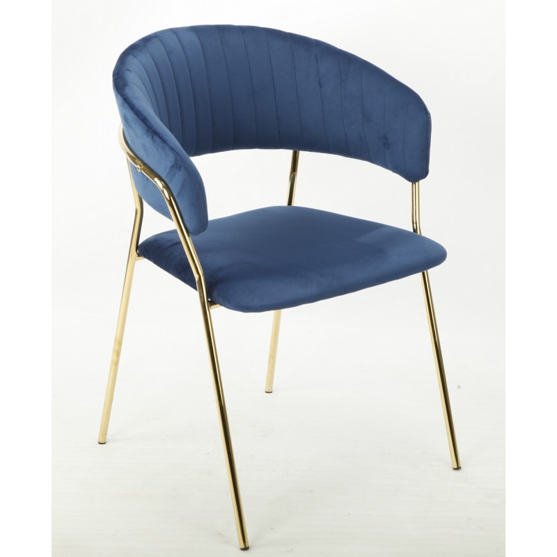 Armchair Langy, golden metal frame, blue velvet upholstery