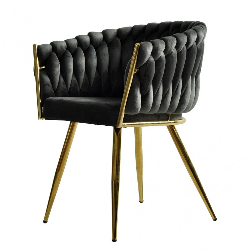 Fauteuil Stotten, structure en métal doré, revêtement en velours gris foncé