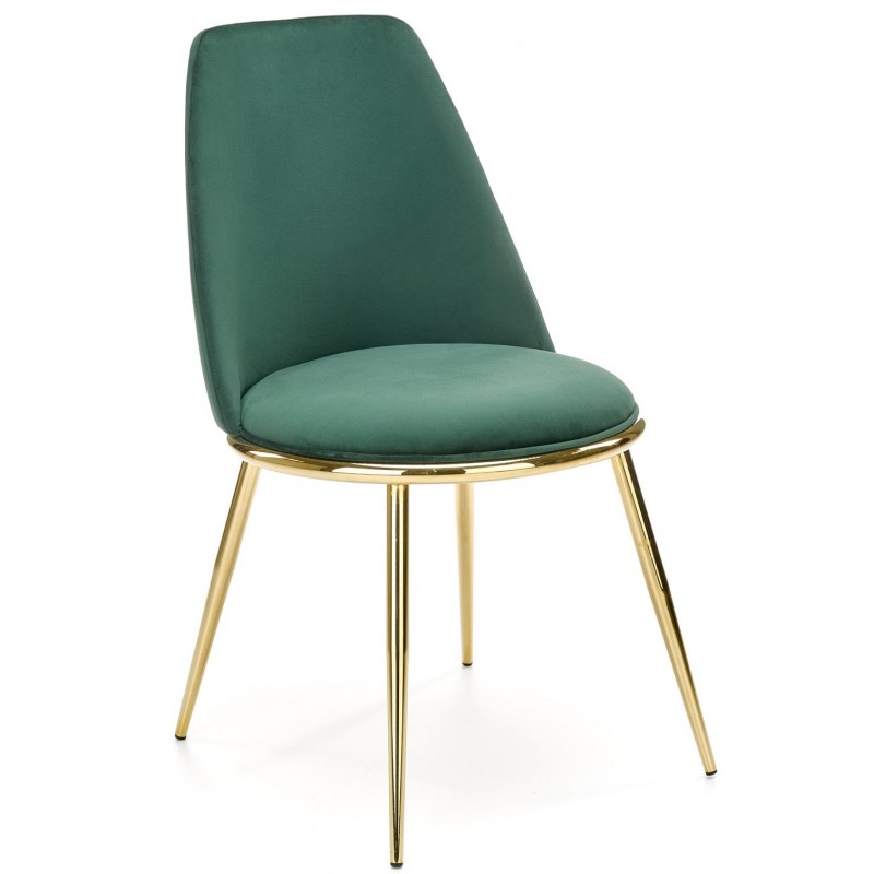 Chaise Eichkel, estructura de metal con acabado cromo dorado, tapizado en terciopelo verde oscuro.