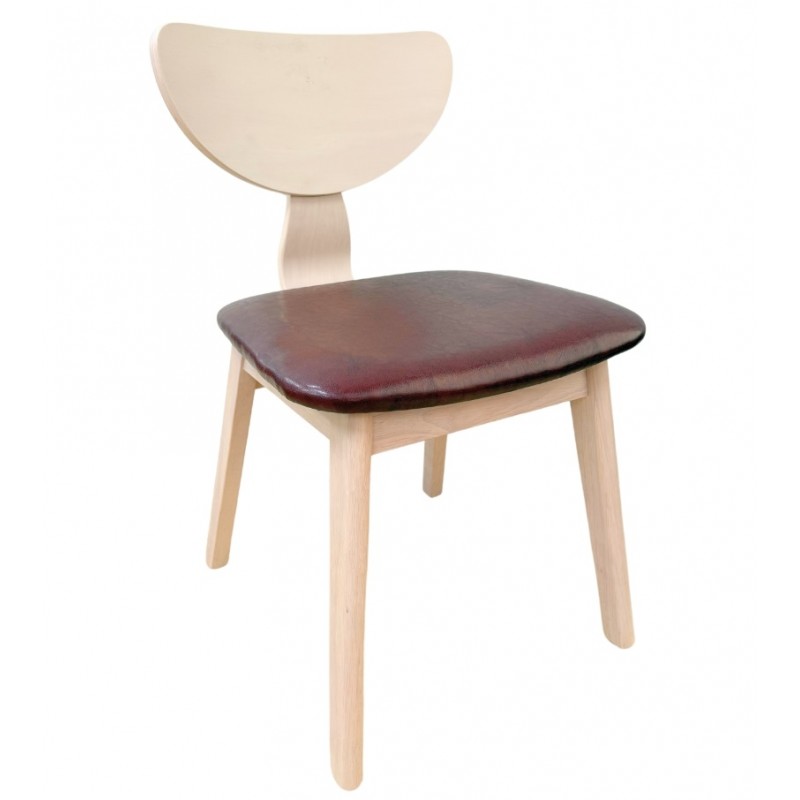 Kragh plywood chair in natural hevea wood, seat in brown faux leather