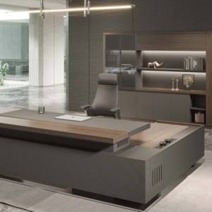 Bureau de direction Manuele-B grand format en noyer avec retour et caisson – finition luxe