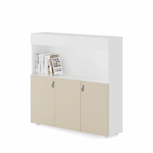 Armario de almacenamiento Leonardo-C de madera con 3 puertas, cajón vegetal y cerradura con combinación.