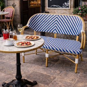 Banc bistrot extérieur Gaieté – 3 personnes – Bleu et Blanc – Rotin