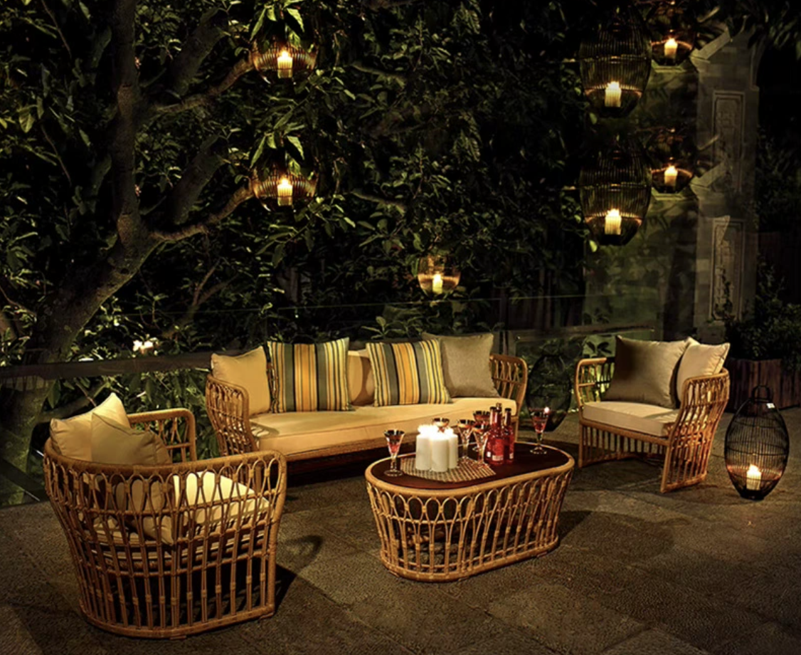 Set of 2 armchairs + lounge sofa + coffee table - 3 persons - Rattan