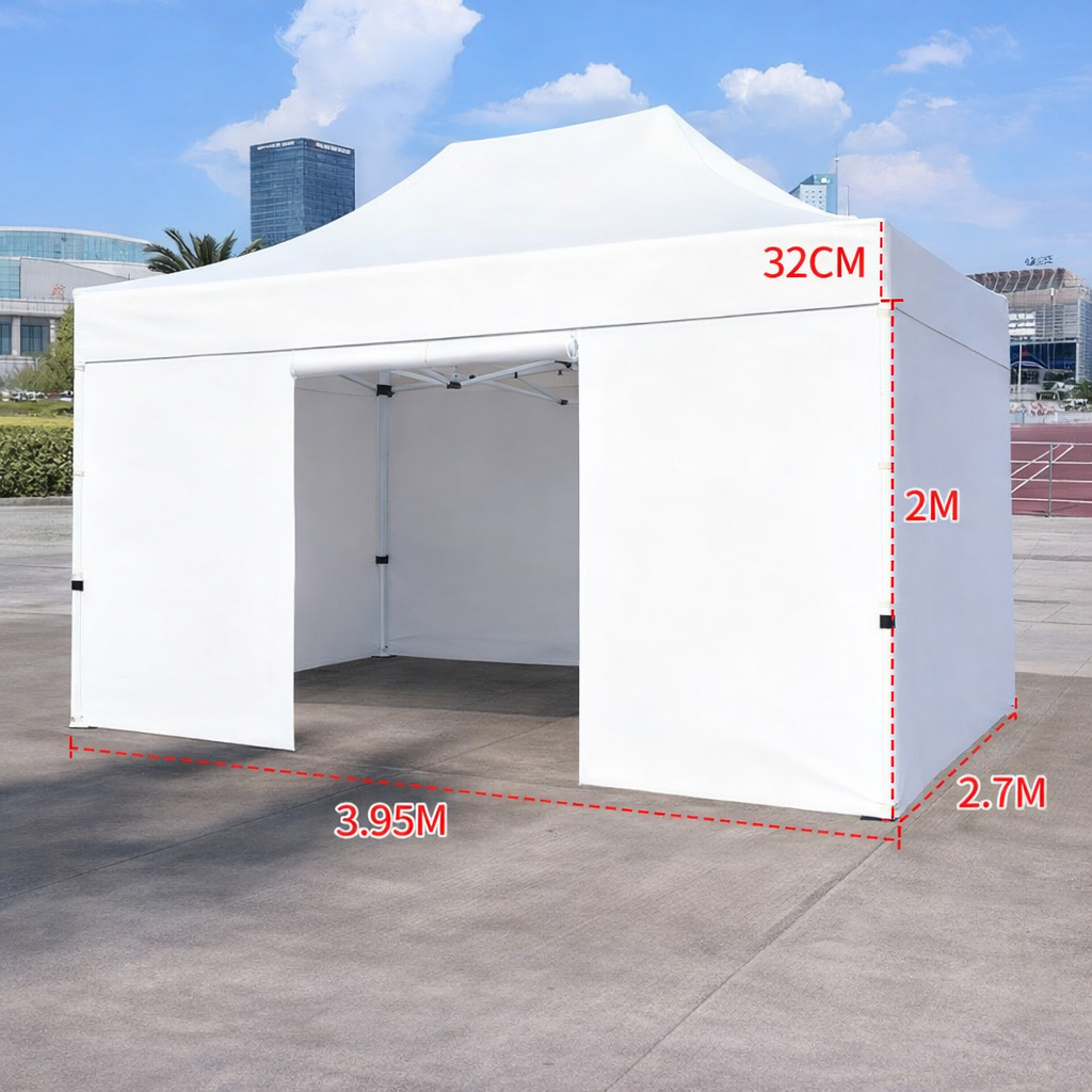 Barnum automatique 3 x 4 m blanc – Structure alu 45 cm Pro + Pack 4 côtés